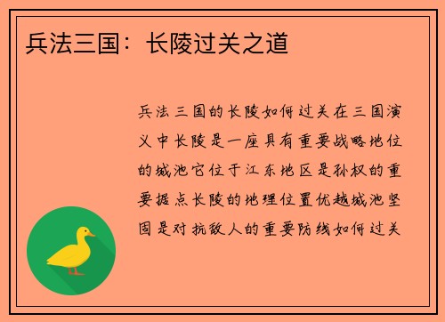 兵法三国：长陵过关之道